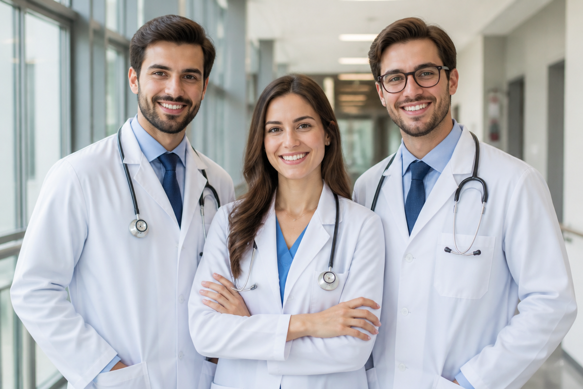 Médicos residentes em corredor de hospital